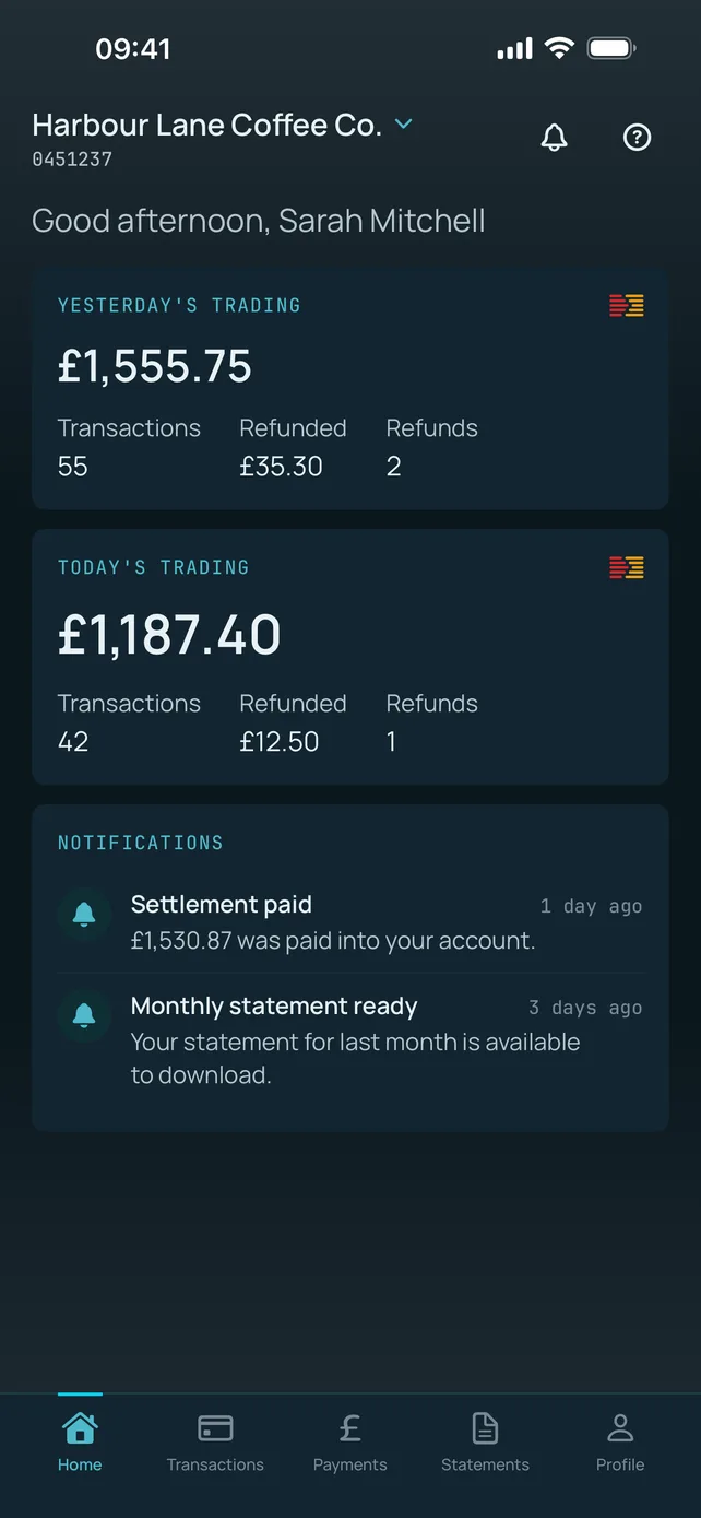 Monek app home screen showing yesterday's and today's trading totals, transaction and refund counts, and recent notifications