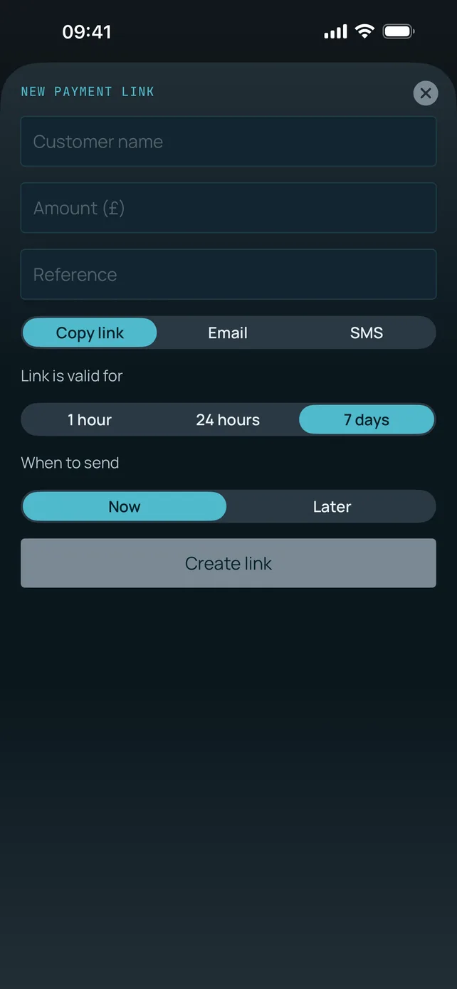 Monek app new payment link form with customer name, amount, reference, delivery method, link validity and send timing