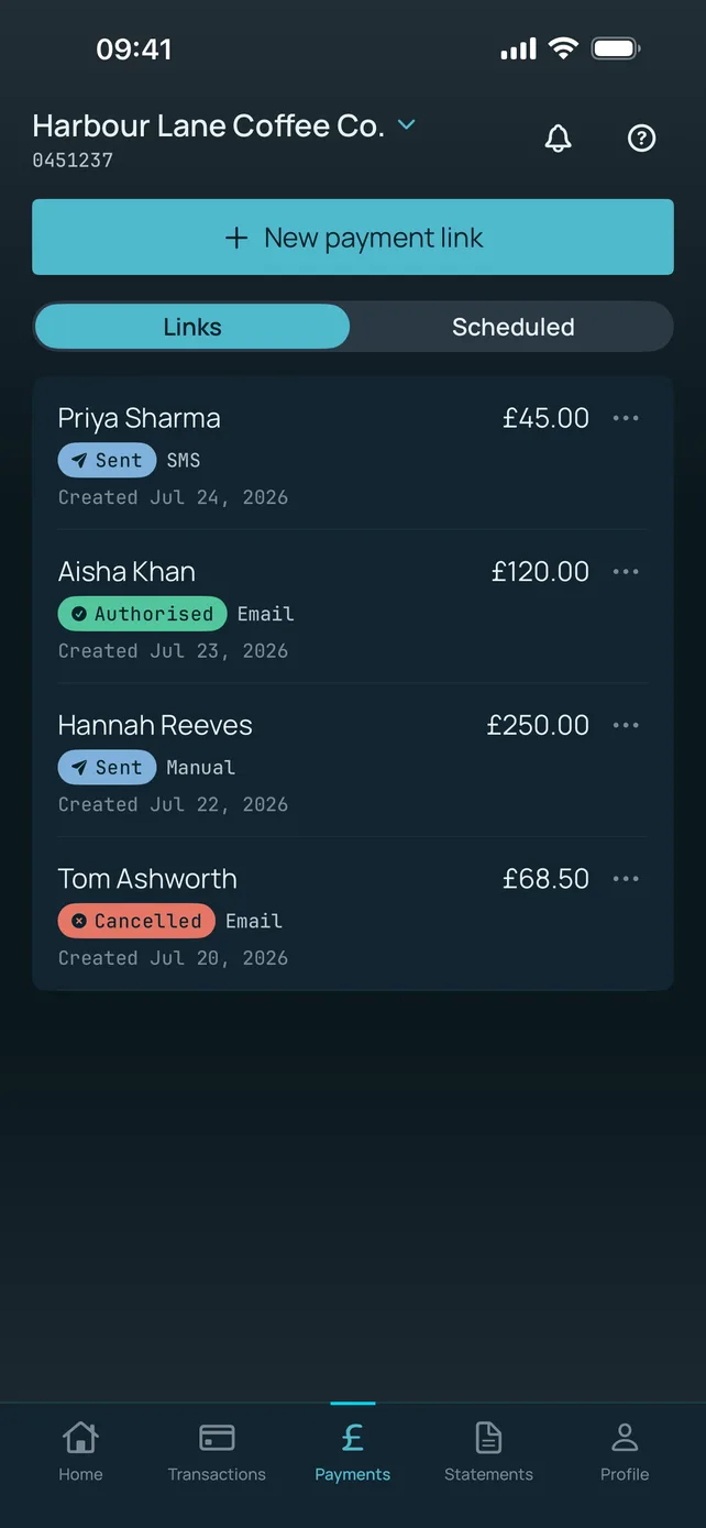 Monek app payment links list showing sent, authorised and cancelled Pay by Link requests, with a Scheduled tab