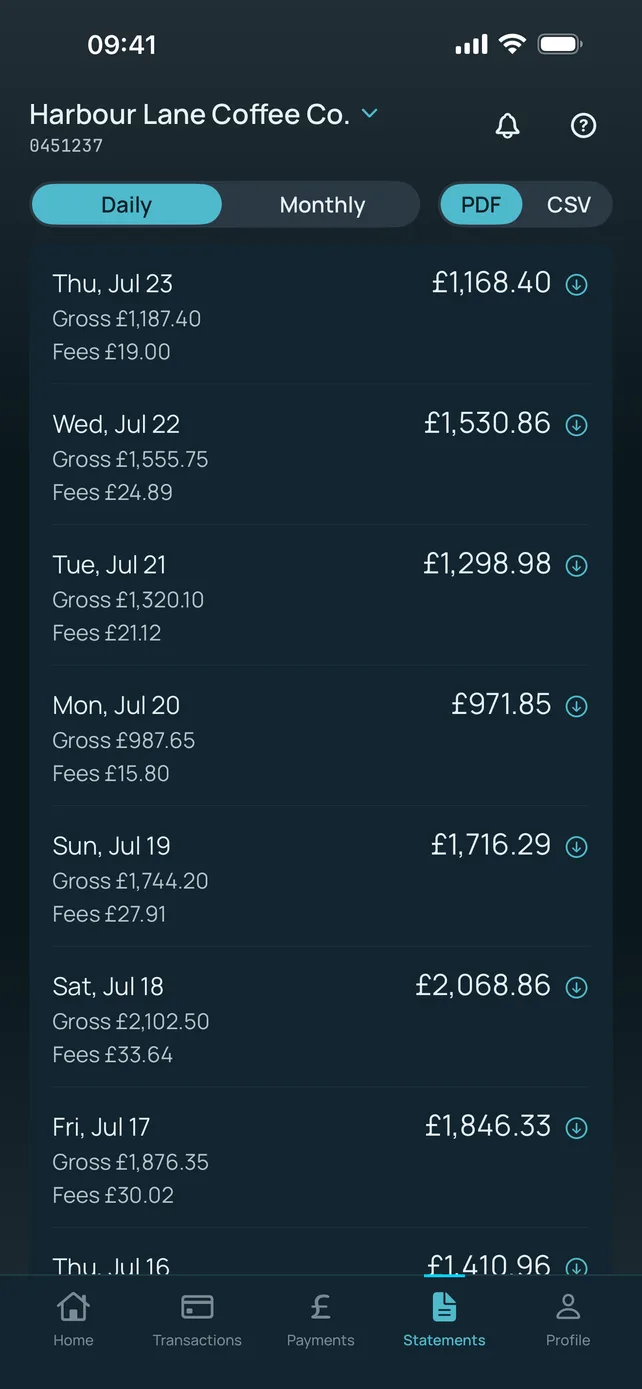 Monek app statements screen with daily and monthly views, gross totals and fees, and PDF or CSV download