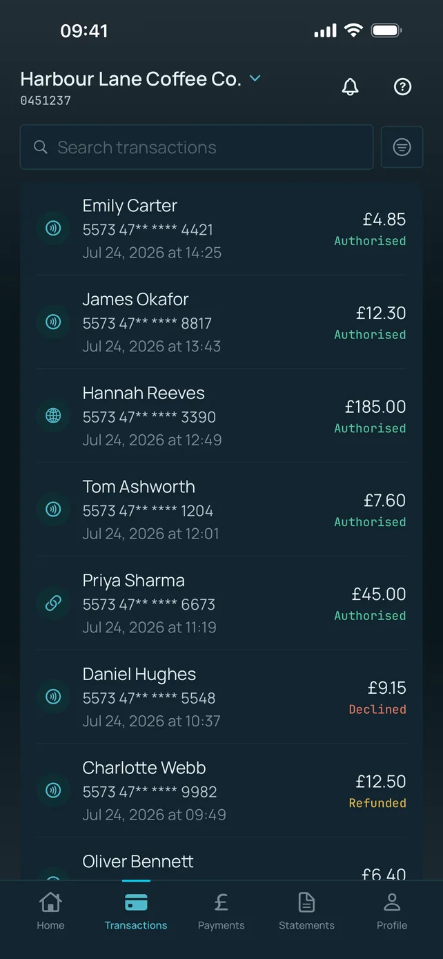 Monek app transactions list with search, showing customer names, masked card numbers, amounts and authorised, declined and refunded statuses