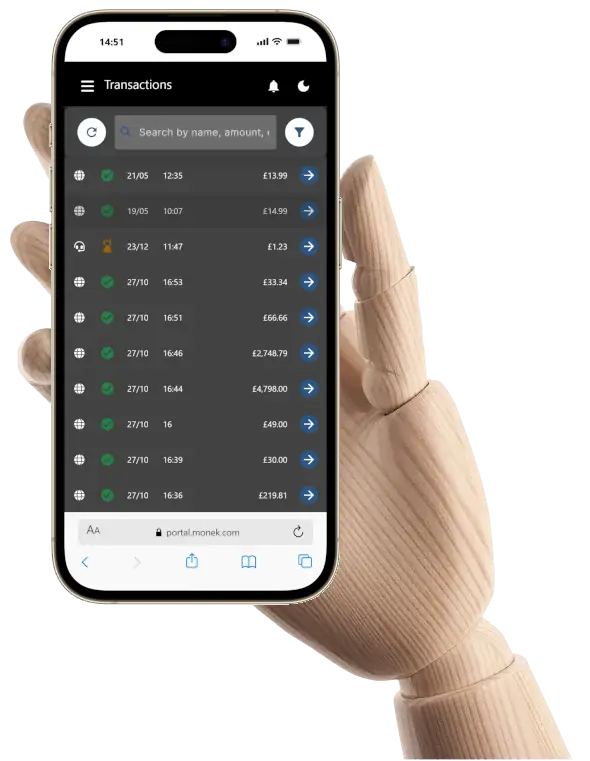 Monek mobile app showing live UK card transactions