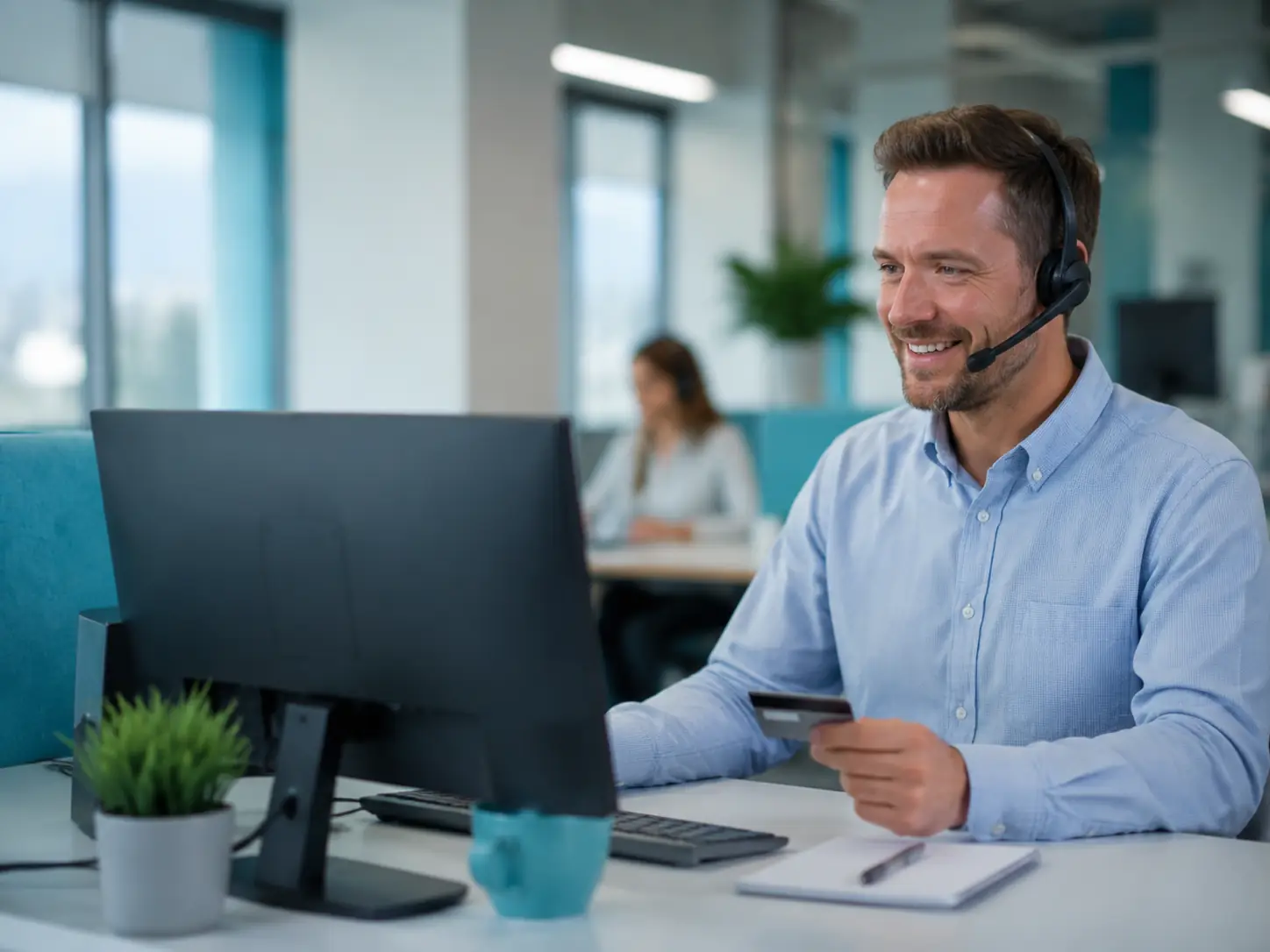 Call centre operator taking a virtual terminal phone payment