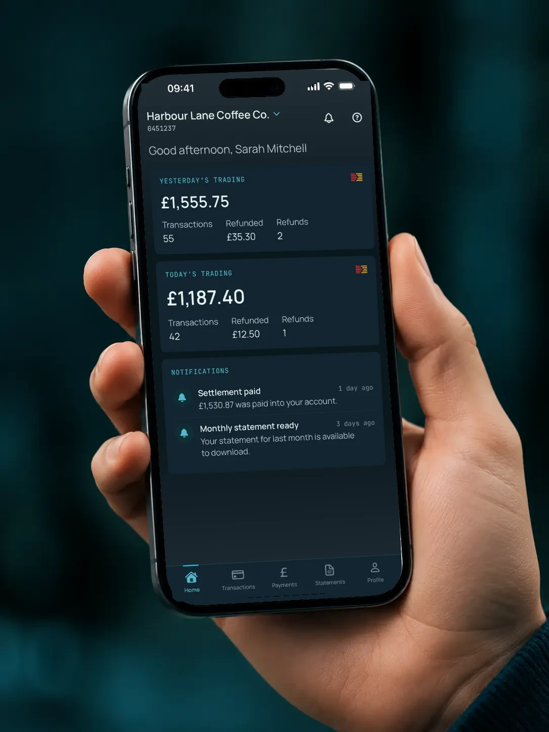 The Monek app open on an iPhone, showing yesterday and today trading totals with recent notifications