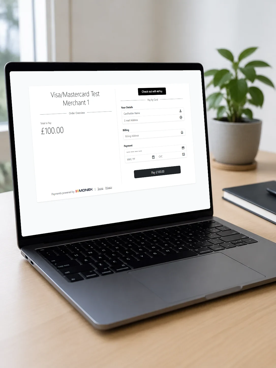 The Monek hosted checkout open in a browser on a laptop